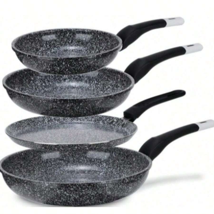 Frying Pan Set – 4 Piece Non-Stick Cookware (20/24/28 cm Frying Pans + 24 cm Pancake Pan) Aluminum with marble non-stick coating – Durable, Easy Clean for Eggs, Crepes, Stir-Fries - Gas ceramic, and induction, and induction - 黑色 - 查看 1
