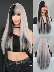 7JHH WIGS 24英寸长直发银灰色假发，混黑色挑染，蓬松柔软，带刘海，外观自然，采用耐热合成纤维制成，时尚女孩日常佩戴、动漫或角色扮演、音乐节、舞会、街头服饰等场合均可使用，也是母亲节礼物的理想之选。 - 銀色 - 查看 3