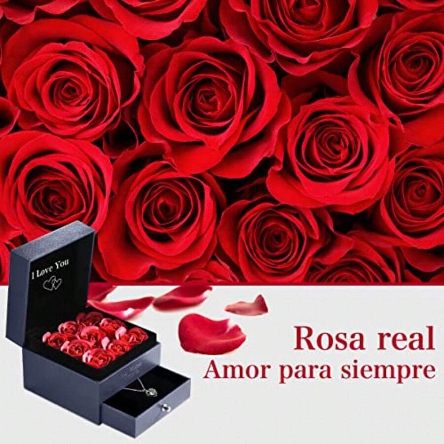 Collar de Rosa Preservada con I Love You en 100 Idiomas 9 Flores de Rosas Eternas Regalo de Día de La Madre San Valentín Cumpleaños Aniversario Regalo para Mujer Mamá Esposa Novia - como en la foto - Ver 1
