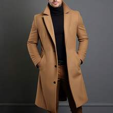 Fall/Winter    Regular Fit    Button Front  Button    Christmas    Men's Youth British-Style Mid-Length Wool Coat With Suit Collar And Single-Breasted Buttons - 卡其色 - 查看 9