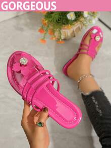 Large Size Special Promotion For Women's New Rhinestone Flat Shoes, Summer Outdoor Fashion High-End Sliding Flat Shoes, Valentine's Day Red Sandals, Elegant, Fashionable, Suitable For Beach, Home, Vacation, - Hot Pink - View 5