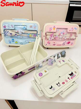 Caja bento de 3 capas con tema de dibujos animados de Sanrio, incluye pegatinas DIY y accesorios lindos, caja de almuerzo portátil y aislada, operación manual