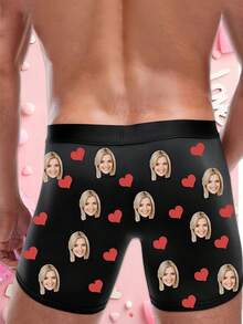 1pc Men's Customized Face & Red Heart Print Black Elastic Comfortable Romantic Personalized Briefs (Multiple Sizes), Ideal Gift For Valentine's Day, Personalized Gift, Anniversary Gift - Multicolor - View 4