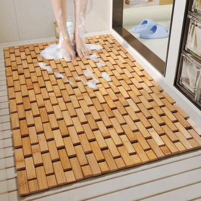 1pc Natural Bamboo Bath Mat, Wooden Door Mat For Kitchen Floor Bathroom Carpet, Wooden Bathroom Mat For Shower And Bathtub, Suitable For Shower, Bathroom, Spa Or Sauna (40x60cm)