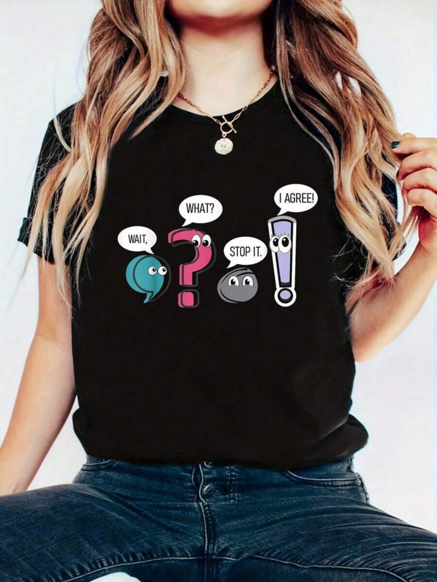 Plus Women Humorous Grammar Teacher Tee Humorous Wait What Stop It I Agree Grammar Teacher Graphic Tee For Women Black Casual Short Sleeve Top With Colorful Pencil Eraser Design Loose Fit Spring Summer Shirt Playful Quality Print L-5XL - 黑色 - 查看 1
