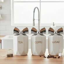 DEENZ Set Of 3 Jars Silver Bow Lid Kitchen Canister Jar For Tea Coffee Sugar Storage Pots Marble Effect Home Decor Dining Table Eye-Catching Glamorous Design (White) - White - View 2