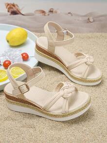 1 Pair Girls' Summer Casual Sandals, Comfortable Platform Wedge Heel, Chinese Knot Design, Open Toe, Versatile Buckle Closure Thick Sole Sandals - Apricot - View 10