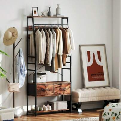 Kledingkast met schoenenrek, kapstok met bankje, 10 haken, 2 stoffen lades, kledingstang, spaanplaat, metaal, bruin