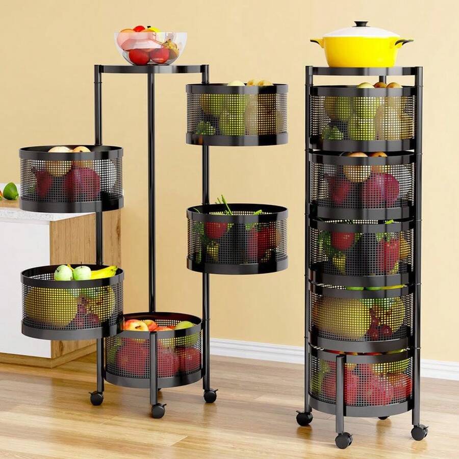 Hodeffior Kitchen Storage Cart With Wheels, 5-Tier Kitchen Shelf With Rotating Fruit Basket, Carbon Steel Multi-Layer Vegetable Rack, Rolling Storage Cart For Kitchen, Office, Bathroom - Black-5 Tier - View 1