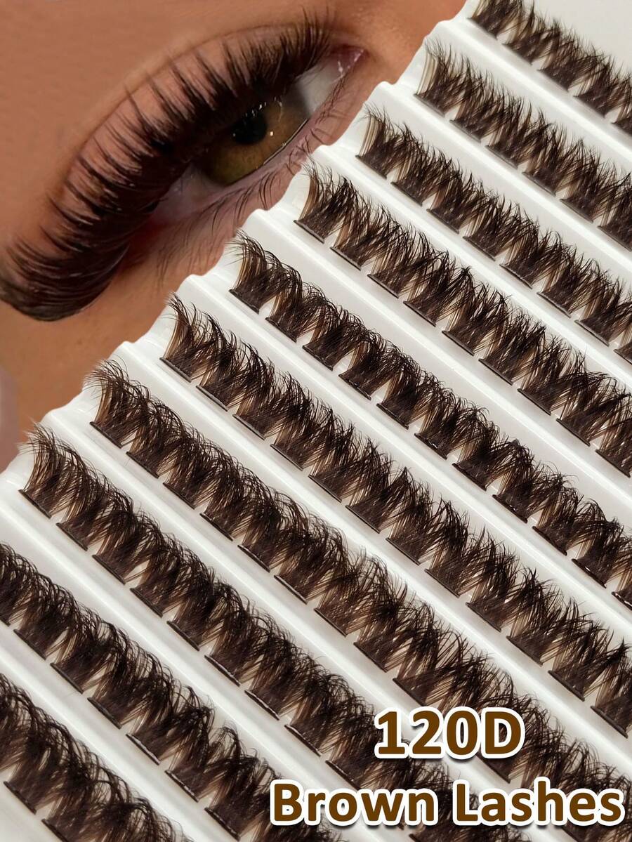 Rikuaild 150片D型卷翘蓬松棕色120D簇状假睫毛，浓密柔软，打造自然或浓密妆效，必备美妆工具