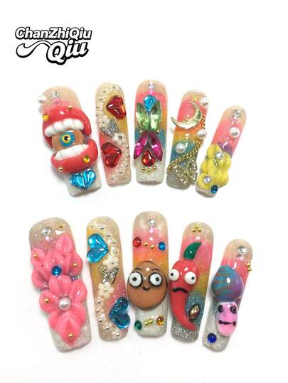 10-Piece 4.5 Cm Pure Handmade Square Wearable Nails, Featuring Rhinestones, Chili Peppers, Nuts, And Moon Decorations. A Nail Art Set For Middle Eastern And Valentine's Day Styles, Suitable For Women And Girls For Parties, Holidays, And Daily Wear. Nail Accessories, Acrylic Nail Sets, Including Kits, Hand-Pressed Nail Art, Fake Nail Stickers, And Manicure Supplies.