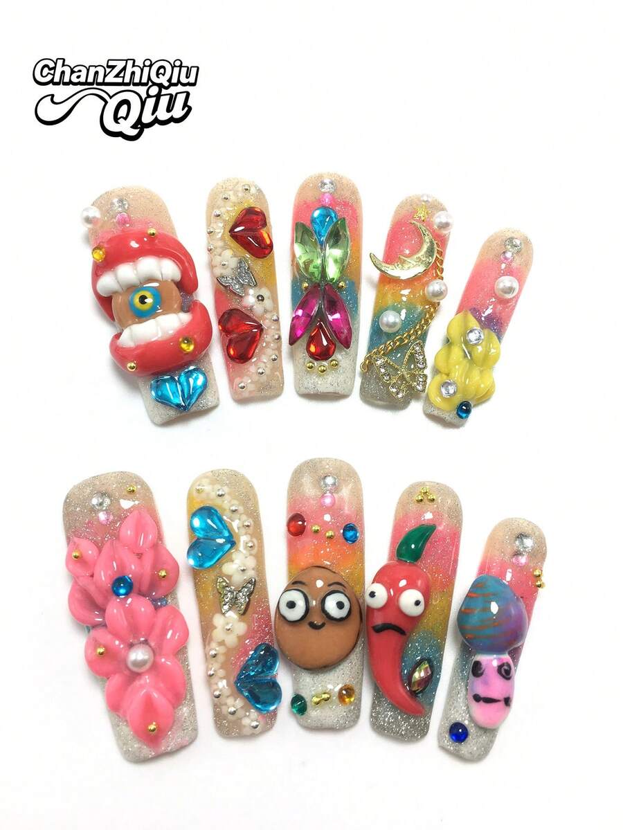 10片装4.5厘米纯手工方形美甲贴片，饰有水钻、辣椒、坚果和月亮图案。这款美甲套装适合中东和情人节风格，也适合女性和女孩在派对、节日和日常佩戴。套装包含美甲配件、亚克力美甲贴片、手工压制美甲贴片、假指甲贴纸和美甲用品。 - 彩色 - 查看 1