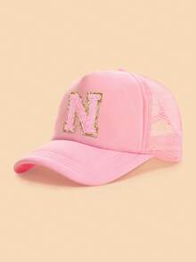 1pc Gold Trim Pink Towel Letter 26 Alphabet Children Baseball Cap, Fashionable Versatile Breathable Trucker Hat, Suitable For Girls Back To School Season Daily Outings Sun Protection - Pink - View 12