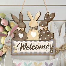1pc Wooden Easter Bunny Hanging Sign, Rabbit Welcome Plaque With Wooden Bow Tie, Front Door, Wall Decor For Farmhouse, Indoor/Outdoor Easter Spring Decoration (11.8 X 11.8 Inches / 30 X 30 Cm) - Camel - View 1