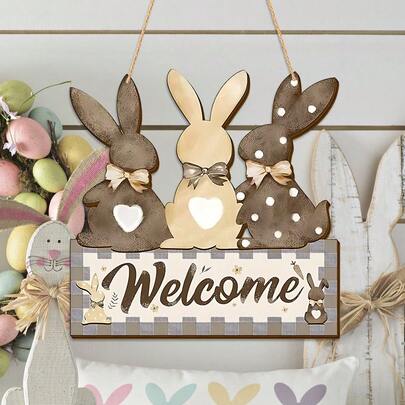1pc Wooden Easter Bunny Hanging Sign, Rabbit Welcome Plaque With Wooden Bow Tie, Front Door, Wall Decor For Farmhouse, Indoor/Outdoor Easter Spring Decoration (11.8 X 11.8 Inches / 30 X 30 Cm)
