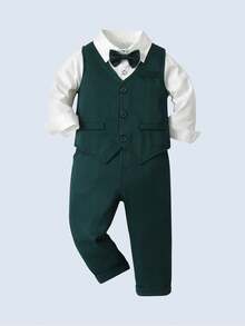 BOARNSEORL 3 件套男婴绅士服装套装：长袖白衬衫配领结、绿色背心和裤子，适合圣诞节、生日派对、婚礼、洗礼、1 岁生日