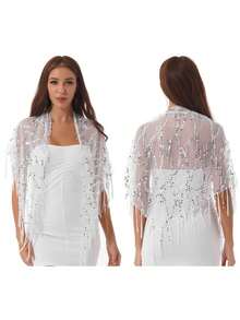 1件装女士亮片流苏不对称长披肩，亮片披肩，适合日常穿着