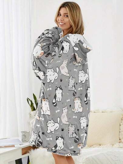 Manta con capucha de felpa con estampado de gato de dibujos animados para mujer, cálida y gruesa para el invierno, manta con capucha oversize con lindo diseño de gato, manta de felpa suave y cómoda con capucha y mangas, ropa de estar en casa para amantes de los gatos, sherpa esponjoso con capucha y mangas, ropa de casa de invierno gruesa, tema de gato lindo, ropa de estar en casa holgada y cómoda, manta con capucha para dormir y ver la televisión en interiores, regalo de invierno para decoración de baño de amantes de los gatos