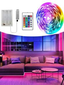 5V RGB LED Strip Light, Battery Box Powered (Batteries Not Included), 24-Key Infrared Remote Control, Cutable Adhesive Backing, Suitable For Party, Bedroom, And Living Room Ambient Lighting. - Multicolor - View 1