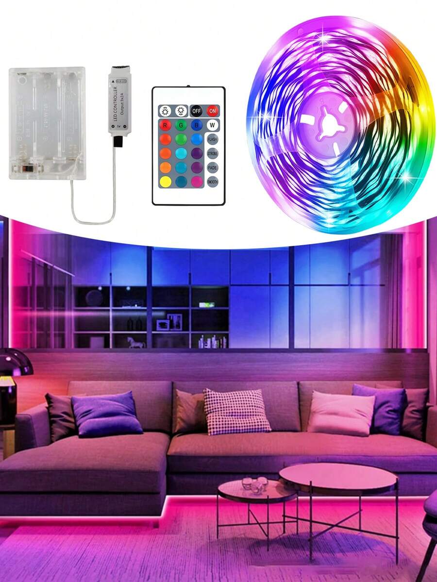 5V RGB LED Strip Light, Battery Box Powered (Batteries Not Included), 24-Key Infrared Remote Control, Cutable Adhesive Backing, Suitable For Party, Bedroom, And Living Room Ambient Lighting. - Multicolor - View 1