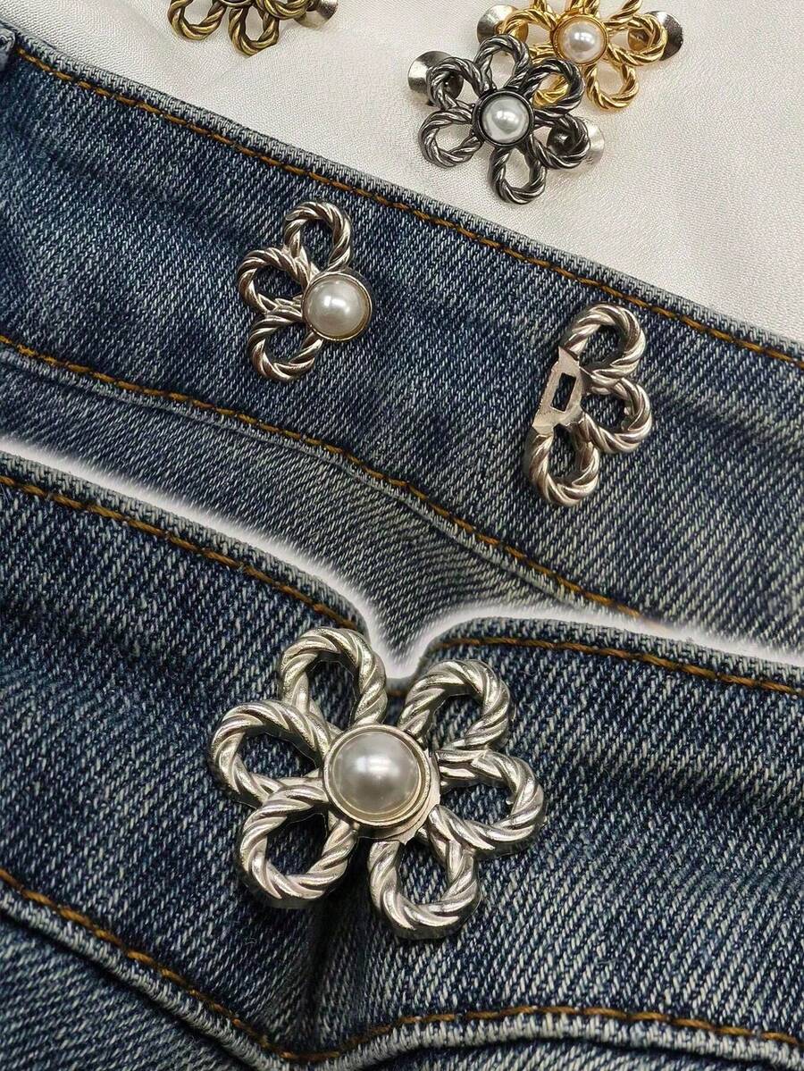 2pcs/1 Pair New Electroplated Floral Buckle Belt Clip - Adjustable Waist Belt Buckle, Suitable For Jeans Or Skirts, Slip-Resistant No-Nail Design, Fashionable Detachable Clip, Adjustable Waistline Without Sewing, Perfect Fit, Slimming Effect