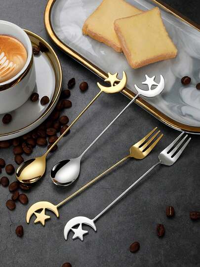 1件套金银双色304不锈钢餐具，新月星咖啡餐具，特别的开斋节礼物，不锈钢咖啡餐具套装，新月星金银双色开斋节礼物，新月星金银咖啡餐具开斋节礼物套装