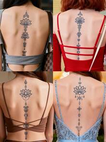 1Pc Spine Tattoo Temporary Tattoos Fake Semi Permanent Tattoo Flower Geometric Festival Waterproof Sweatproof Last For 1-2 Weeks Realistic Herbal Juice Anti-Friction Non-Reflective Black For Woman And Men Tattoo Stickers For Arm, Chest, Leg, Abdomen, Waist, Finger, Neck, Spine, Modernist Body Art
