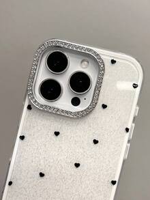 1pc Luxury Rhinestone Glitter Heart Design Phone Case, Compatible With Iphone 15 Pro Max, 14 Pro Max, 16 Pro Max, 13 Pro Max, Shockproof Protection - White - View 5