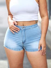 Sexy High-Waist Stretch Denim Shorts – Casual Chic Slim Fit Hotpants Pocket Casual And Simple Daily Wear, Stretch Cotton Fabric, Soft And Comfortable,Suggest Taking A Bigger Size. - 淺色水洗藍 - 查看 7