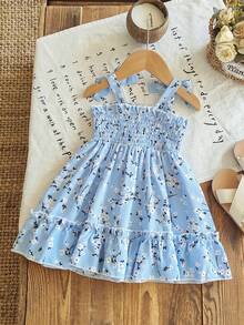 女婴碎花印花全身印花吊带蝴蝶结荷叶边美人鱼公主裙 - 藍色 - 查看 3
