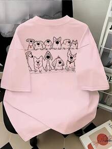Camiseta Women's Soft Breathable Pure T-Shirt - Cute Puppy Print Round Neck Casual Everyday Summer Top - Machine Washable Everyday Tee For Women, Relaxed Fit Shirt, Playful Design, Comfortable Material, Dog Lovers - 淺粉色 - 查看 1