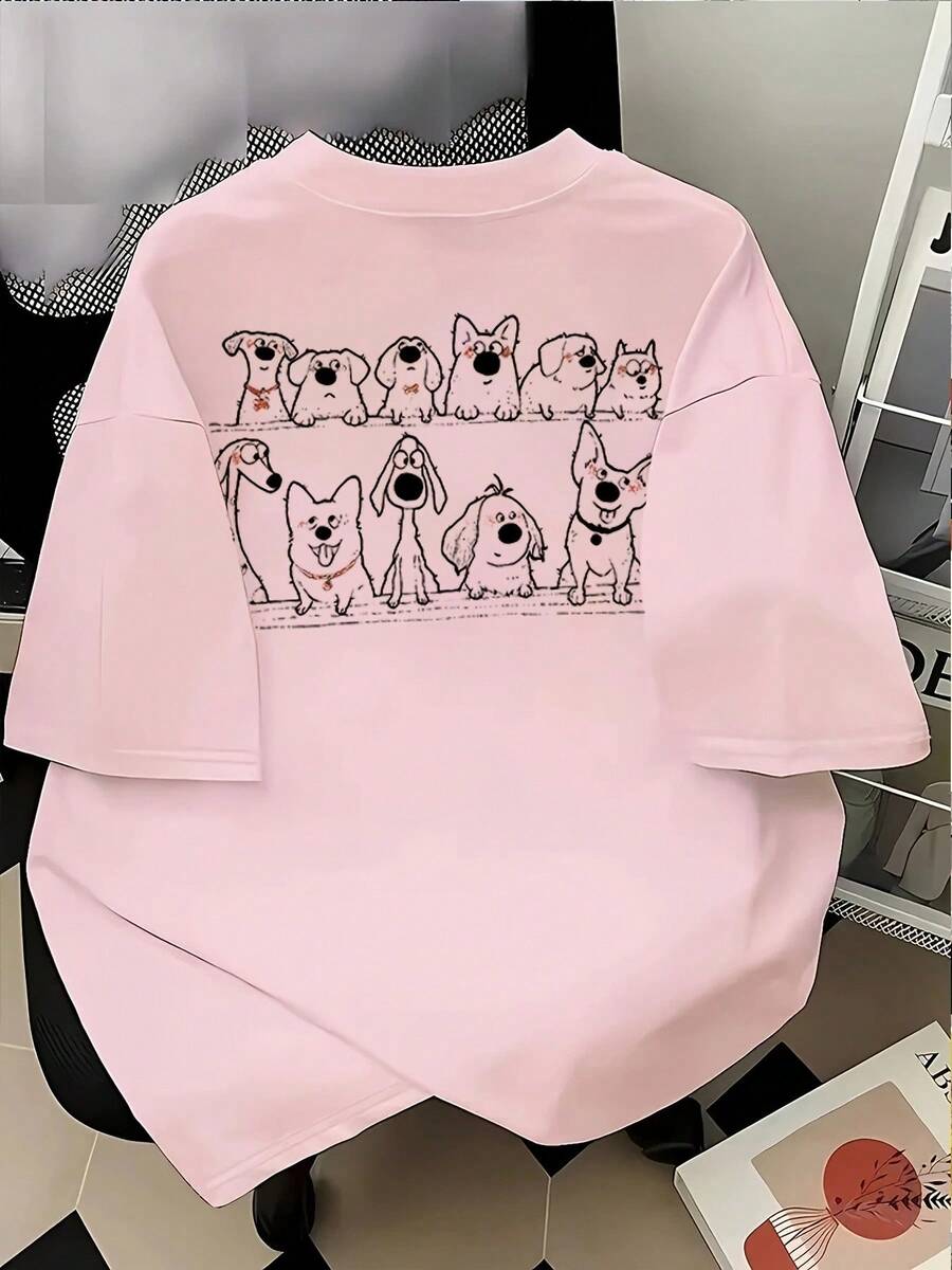 Camiseta Women's Soft Breathable Pure T-Shirt - Cute Puppy Print Round Neck Casual Everyday Summer Top - Machine Washable Everyday Tee For Women, Relaxed Fit Shirt, Playful Design, Comfortable Material, Dog Lovers - 淺粉色 - 查看 1