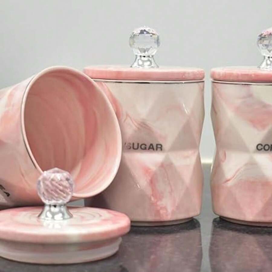 DEENZ Set Of 3 Pink Marble Design Coffee Tea Sugar Canisters Container Kitchen Jar Pots Crystal - Pink - View 1