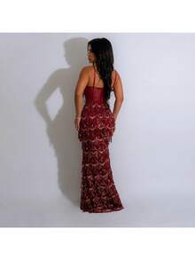 Vestidos Elegantes De Mujer Vestidos Dresses For Women Formal Dresses For Women Dresses For Women Elegant Prom Dresses Formal Dresses For Women Formal Gowns For Women Evening Elegant Sequined Party Long Dress, Fashionable Spaghetti-Strap Hip-Hugging A-Line Dress For Women - 紅色 - 查看 2