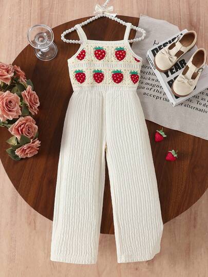 Young Girl' Apricot Strawberry Ruffle Trim Sleeveless Jumpsuit, Casual Vacation Style, Summer