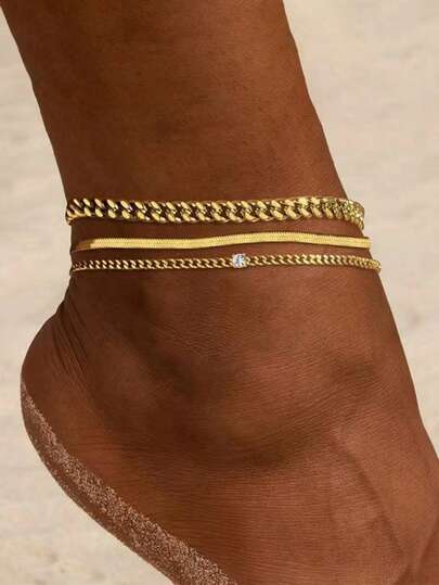 Nooxian 3pcs/Set Multi-Layer Gold-Tone Chain & Stainless Steel Blade Chain Combination With Sparkling Cubic Zirconia Decor Layered Anklet, Niche Original Jewelry Gift For Women (No Gift Box)