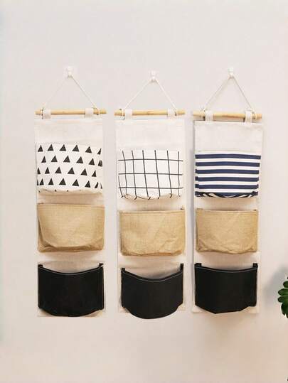 1pc Linen 3-Pocket Hanging Storage Bag, 3 Printed Styles Available, Hanging On Door To Store Small Items Like Pens, Clips, Fashionable & Minimalist Design, Foldable Storage Hanging Bag