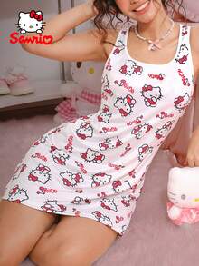 SANRIO Bộ đồ ngủ  1 mảnh, đồ ngủ liền thân, đồ mặc nhà , thiết kế phối màu đỏ trắng, cổ tròn, áo ngủ, áo choàng, váy ngủ, đồ mặc nhà cho bạn gái. - trắng - Xem 5