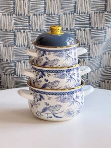 1 Set Enamel Bowls/Buckets/Pots, Food Storage Containers With Lids, Available Sizes: 10/12/14/16/18cm. 1 Set Covered Soup Pots With Gold Rim, Sizes: 16/18/20cm. Suitable For Storing Fruits And Vegetables, Round Flip-Top Lids , Elegant Design, Great Gift For Kitchen, Living Room, Patio And Dining Table.