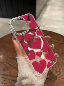 1pc Transparent Magnetic Protective Phone Case With Pink Heart Pattern, Magnetic Ring, Shockproof & Fashionable, Compatible With Apple 11, 12, 13, 14, 11 Pro Max, 12 Pro Max, 13 Pro Max, 14 Pro Max, XR, 15, 15 Pro, 15 Pro Max, 16, 16 Pro, 16 Pro Max, And Series