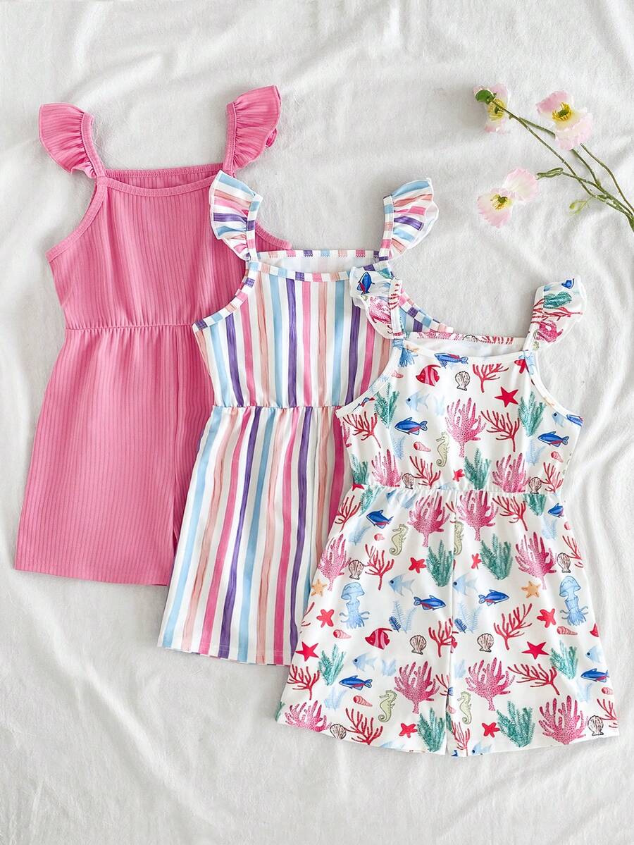 Young Girls' Summer Underwater Animal Print, Striped & Solid Color Flutter Sleeve 3-Piece Romper Set, Activewear & Outdoor - Multicolor - View 1