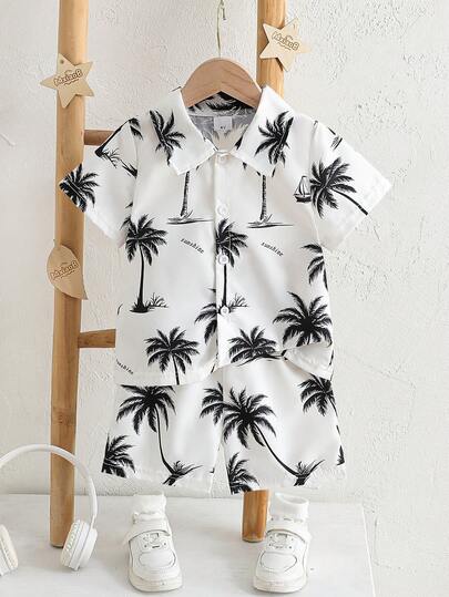 2pcs/Set Boys' Casual Palm Tree Print Polo Collar Short Sleeve Shirt + Shorts Set, Summer
