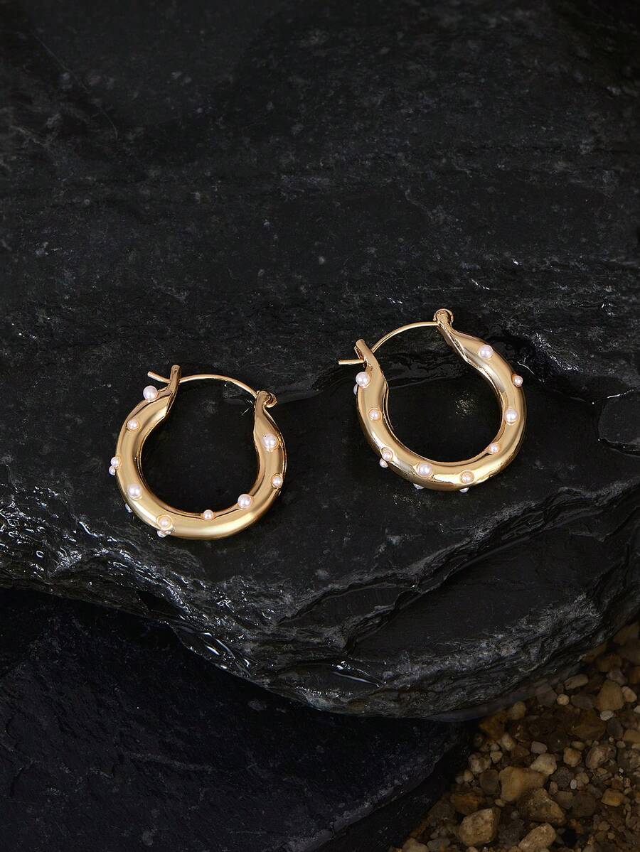 Opalesca 1pair Geometric Circle Stylish Party Faux Pearl Minimalist Elegant Women Hoop Earrings - Yellow Gold - View 1