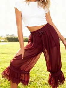 Women Lace Trim Sheer Long Bloomers Y2k Ruffle Lace Patchwork Drawstring Elastic Waist Pantaloons Capri Pants Pumpkin Pants - Rỉ Nâu - Xem 1
