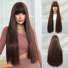 7JHH WIGS 28 Inch Extra Long Straight Mocha Brown Wig For Women - Elegant Fluffy Synthetic Straight Wig With Bangs, Premium Synthetic Heat Resistant Fiber Wig For Daily Wear, Cosplay & Party Use, Graduation Gift & Mother's Gift Wig Accessories - Reddish Brown - 查看 11