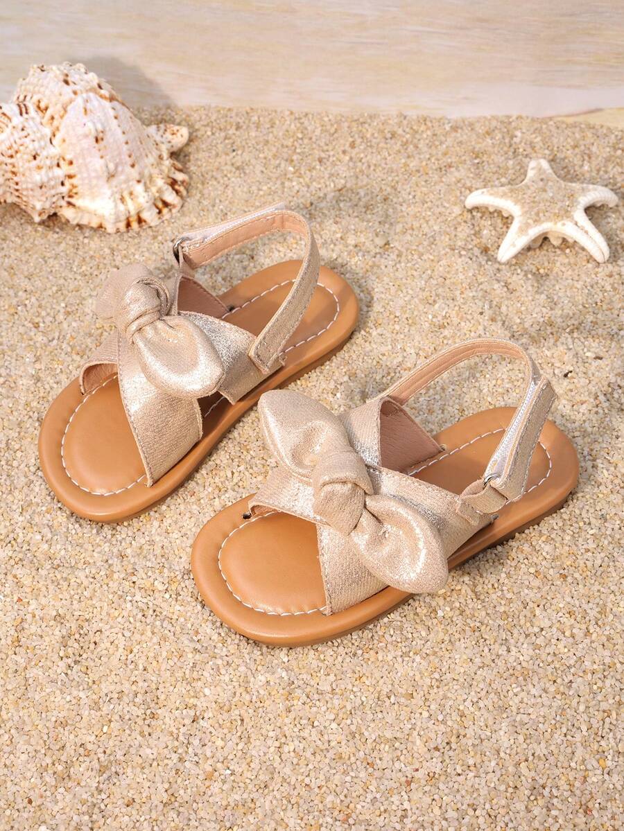 1 Pair Girls Glitter Bow Cross-Strap Sandals | Non-Slip Flat Open-Toe Ankle Strap Shoes | Stylish Summer Footwear For Casual Wear/Beach Trips - Champagne - View 1