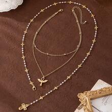 1 Set Vintage Women's Cross & Pearl Necklace, Ankh Cross, Hollow Heart Cross, Faux Pearl Clover Y-Necklace, Unique Design Women's Long Necklace, Valentine's Day Gift, Gift For Christian Women, Suitable For Daily Commute, Gathering With Friends, Fashion Photoshoot, Party Decoration, Holiday Decoration, Charming Jewelry Gift - Gold - View 7