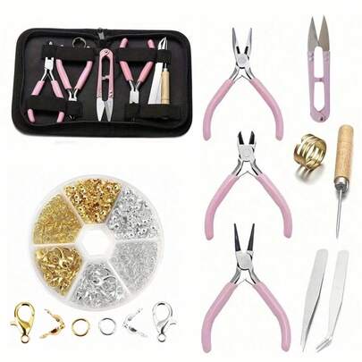 1 set/ask smyckestillverkningsverktygssats, gör-det-själv-smyckestillverkningsverktygssats inkluderar tång, sax, pincett, hoppringar, karbinlås, lämplig för smyckeshantverk, bekväm och praktisk för att tillverka armband, halsband etc.