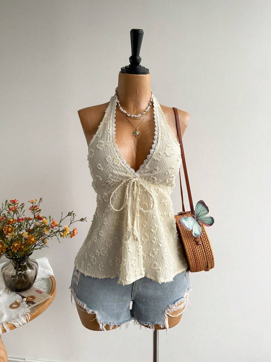 Rusttydustty Áo kiểu nữ hở lưng, trễ vai, phong cách thường ngày, thích hợp cho kỳ nghỉ hè, có các màu vàng, đen, đỏ, xanh dương, kiểu bohemian, phù hợp cho các lễ hội, kỳ nghỉ và các dịp khác. - Vàng nhạt - Xem 1