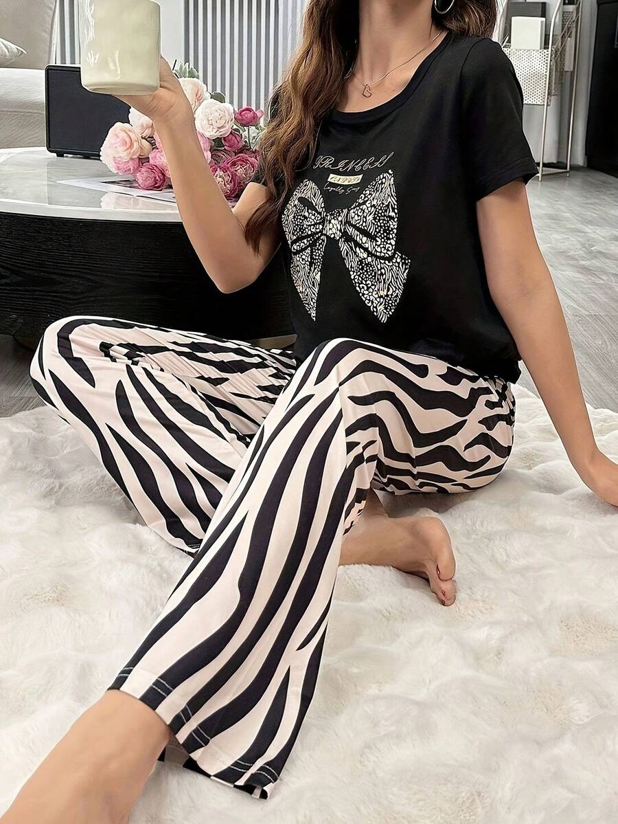 女士两件套蝴蝶结印花黑色短袖睡衣套装，休闲黑白条纹裤家居服套装 - 黑色 - 查看 1